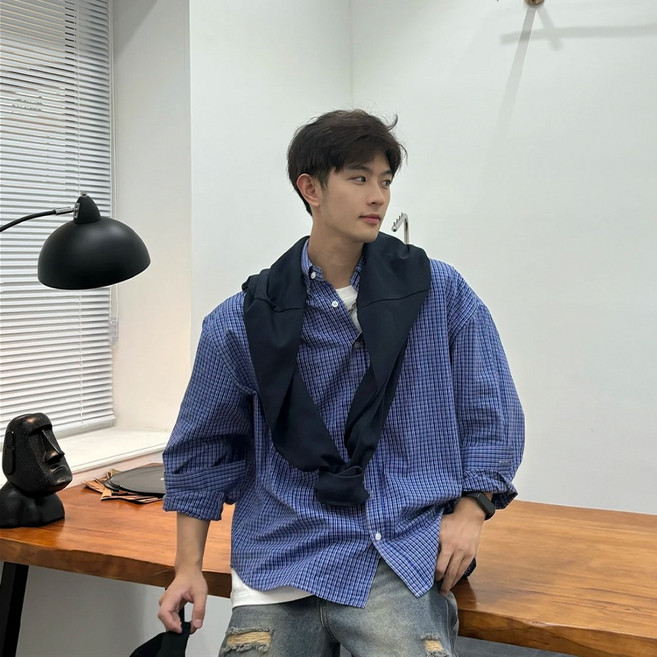 남성용 셔츠 패션플로우 링클프리 레트로 코튼 심플 체크 사계절 남방