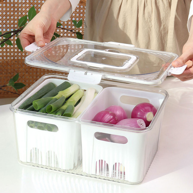 만능 소분 밧드 냉장고 밀폐 용기 물빠짐 채반 보관통 (과일 야채 채소 샐러드 대파 보관 보관함 통), 1세트, 2칸바스켓+높은몸체