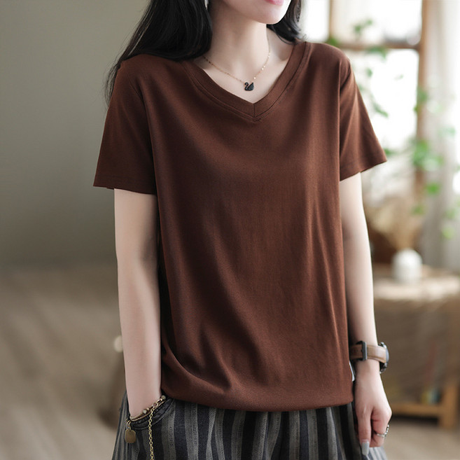 여름 다용도 캐주얼 V넥 루즈핏 반팔 상의 여성