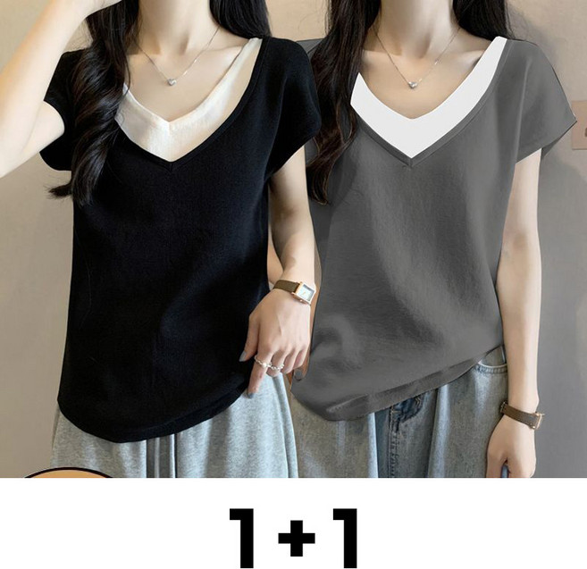 메인워크 1+1 여성 빅사이즈 브이넥 반팔 티셔츠 여름용 스판 가짜 투피스 데일리 심플 기질 패션 루즈핏 베이직 풀오버 아이스 상의 2매입
