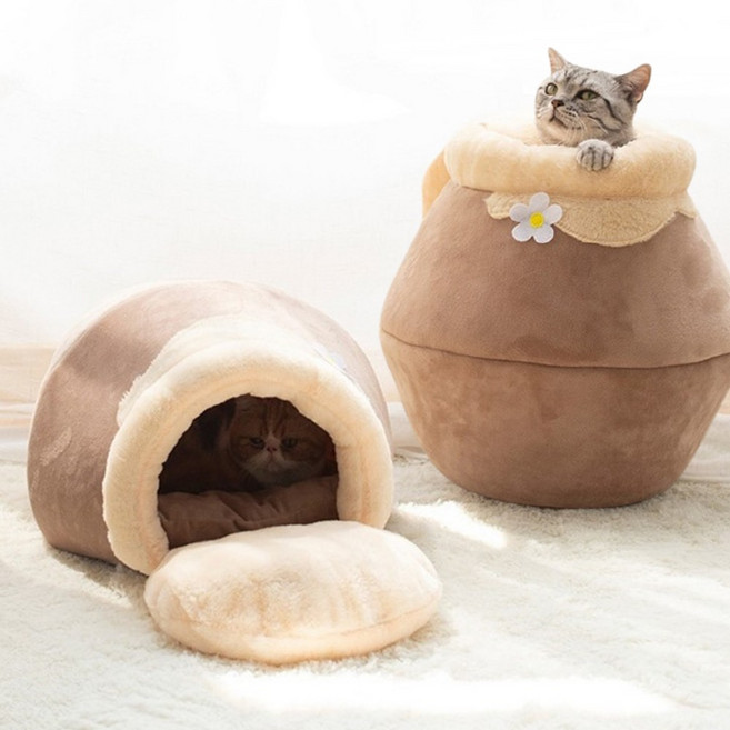 고양이 겨울 숨숨집 꿀단지 포근한 하우스 강이지 애묘 방석 쿠션, 브라운, 1개