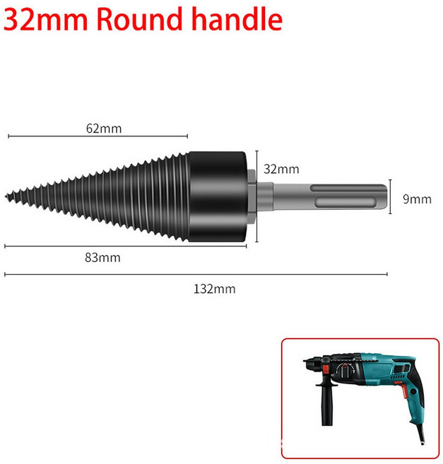 장작기계 목재 드릴 비트 스플리터 해머 장작 사각형 원형 육각 생크 드릴링 도구 32mm, [03] 32mm Round Shank, 1개