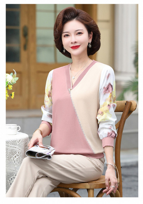 COSYEVNO 중년 엄마 긴팔 톱 가을 상의 서양식 캐주얼 무드의 디자인 감각 루즈핏 날씬해 보이는 데일리 코디 zjymmsy9