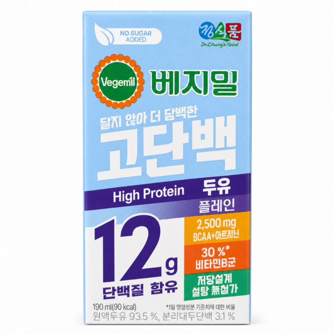 베지밀 고단백 두유 플레인 설탕무첨가 저당두유 (신제품 플레인), 190ml, 24개