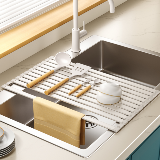 클레미엄 항공 알루미늄소재 와이드 대형 주방 싱크대 롤매트 식기건조대 싱크롤 건조매트, 크림 화이트, 1개