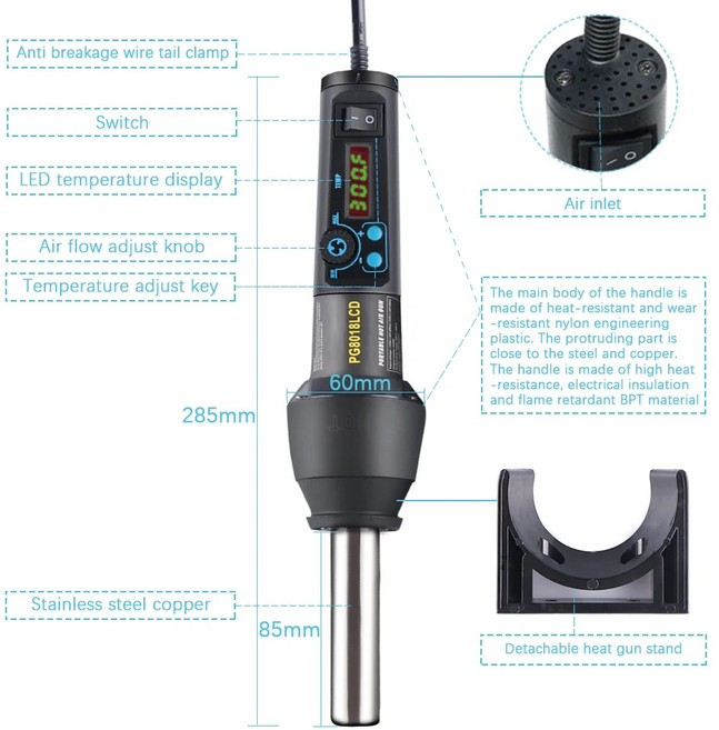 650W EU 미국 PG8018LCD 조정 가능한 전자 열 에어 건 납땜 제거 스테이션 IC SMD BGA 및 노즐 650W 뜨거운 공기 송풍기, 9)US  110V  D, 1개