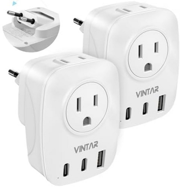 유럽 여행용 플러그 어댑터 2팩 USB C 1개 미국 콘센트 2개 포트 3개 포함 VINTAR 국제 전원 대부분 지역 그리스 이탈리아 여행 필수품 6개타입, Type C-2