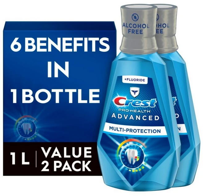 크레스트 프로 헬스 어드밴스드 구강청결제 알코올 프리 멀티 프로텍션 프레시 민트 1리터(33.8온스) 2팩 블루, 2개, 1L - 쿠팡
