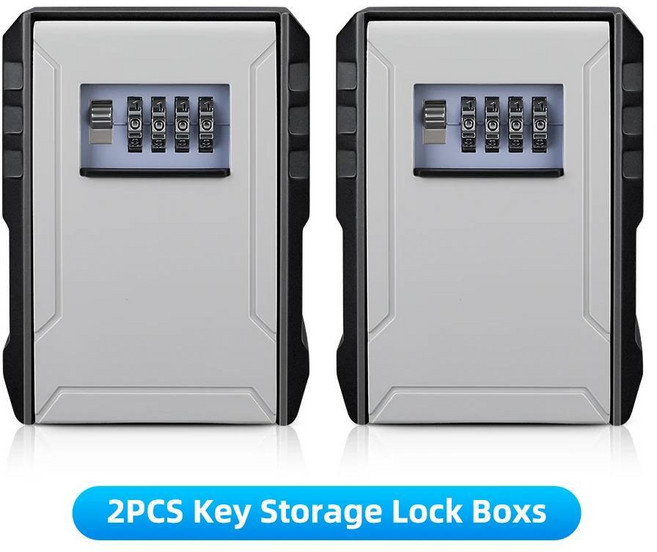 Hollarm 금속 소재 비밀번호 잠금 보관함 야외 방수 벽 마운트 4 자리 키 박스 도난 방지 안전 상자, 04 2 pcs