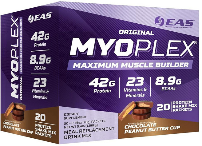 EAS 마이오플렉스 맥시멈 머슬 식사 대용 단백질 믹스 | 양질의 블렌드 42g, Chocolate Peanut Butter Cup, 64 Ounce (Pack of 1), 78g