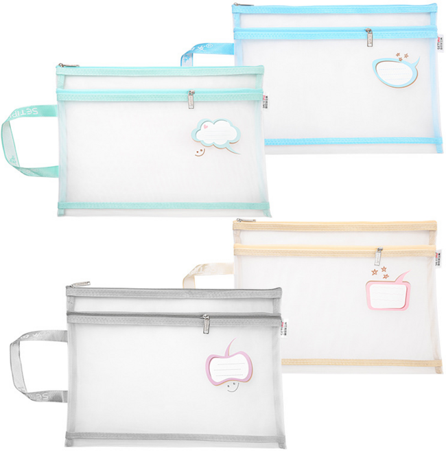 마카롱 캐릭터구름 송이a4서류케이스투명 매쉬손잡이수납 파우치, 4개, A4혼색