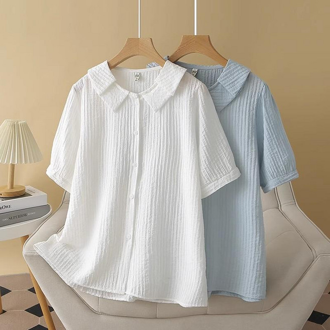 Asure 여자 카라 반팔셔츠 여름 루즈핏 플리츠 블라우스