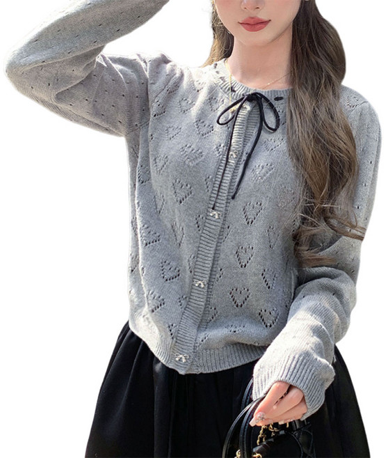 SOSISI 여성 반팔 니트 가디건 라운드넥 리본매듭 여름 가디건 H46147