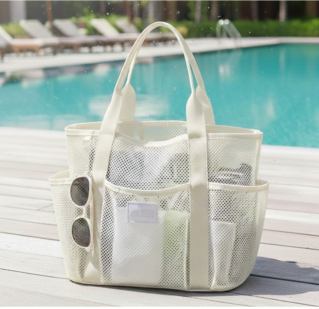 퓨어센스 수영 목욕 가방 물빠짐 메쉬 멀티포켓 비치백, 화이트