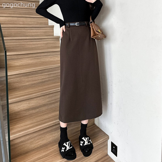 女冬季毛呢高腰中長款a字裙