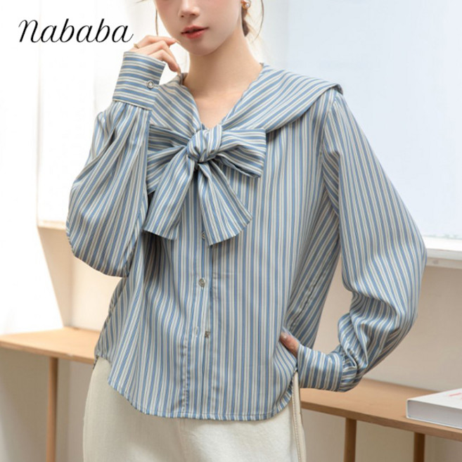 나바바 NB2874 여성 스트라이프 리본넥 세일러 카라 긴팔 블라우스