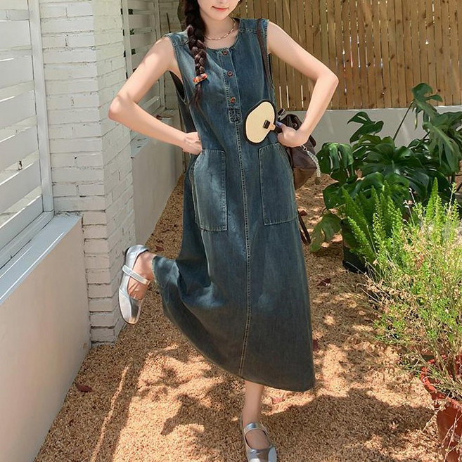 여성용 루즈핏 민소매 데님 나시 롱 청원피스