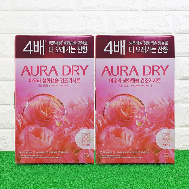 AURA 생화캡슐 건조기용 시트 섬유유연제 피오니 로즈 본품, 40매, 2개