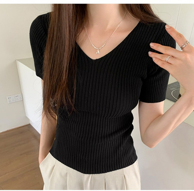 VERIT 올데이 브이넥 슬림핏 골지 반팔 티셔츠 VT400