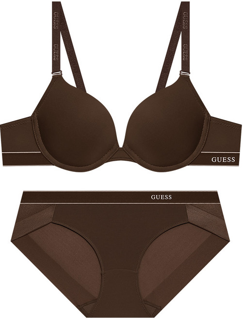 게스언더웨어 클리어 로고 와이어 브라 팬티 세트 - 다크브라운