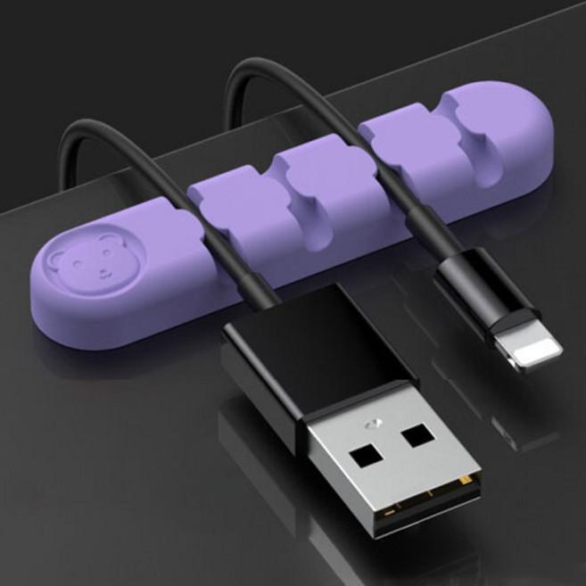 제이펀마켓 USB 케이블 강력 고정 책상 사무실 선정리 홀더 잘라쓰는 정리 밴드, 케이블홀더 - 미니베어 4홀 연한 보라색