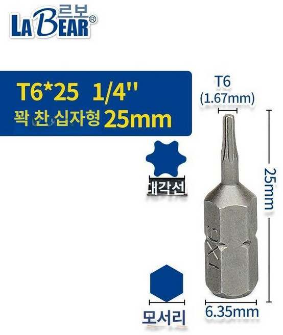 육각 숏 비트세트 나사 드릴 스크루 드라이버, 실선 T6 25mm, 1개