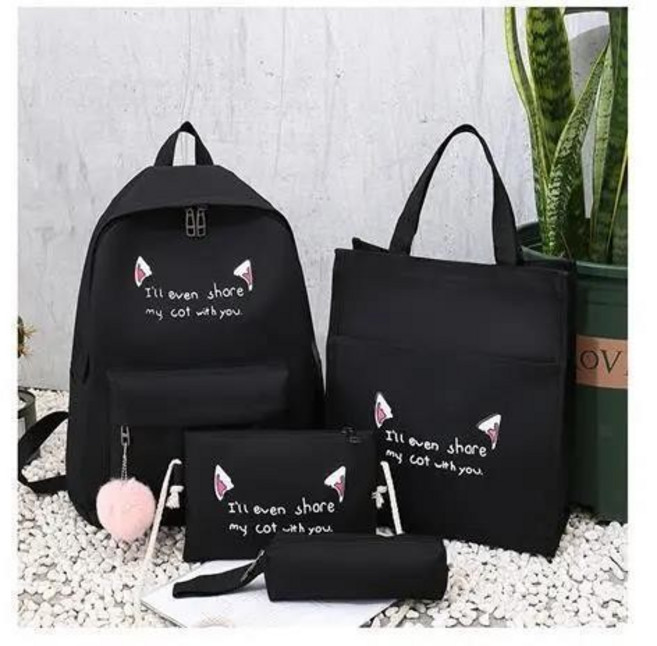 古著感防水後背包 多夾層大容量書包 韓版休閒雙肩背包 旅行帆布包, 黑色,貓四