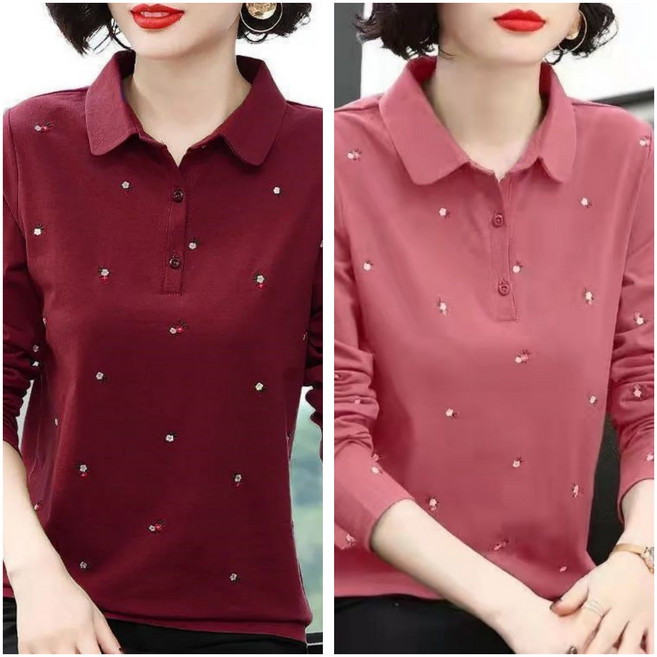 1+1 중년 여성 긴팔 티셔츠 캐주얼 봄 가을 상의 루즈핏 터틀넥 긴팔티 기질 엄마옷 폴로 카라 긴팔 티셔츠 2P MJS