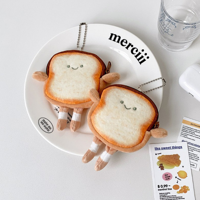 2P 스마일 토스트 에어팟 지퍼 파우치 키링 미니지갑 세트