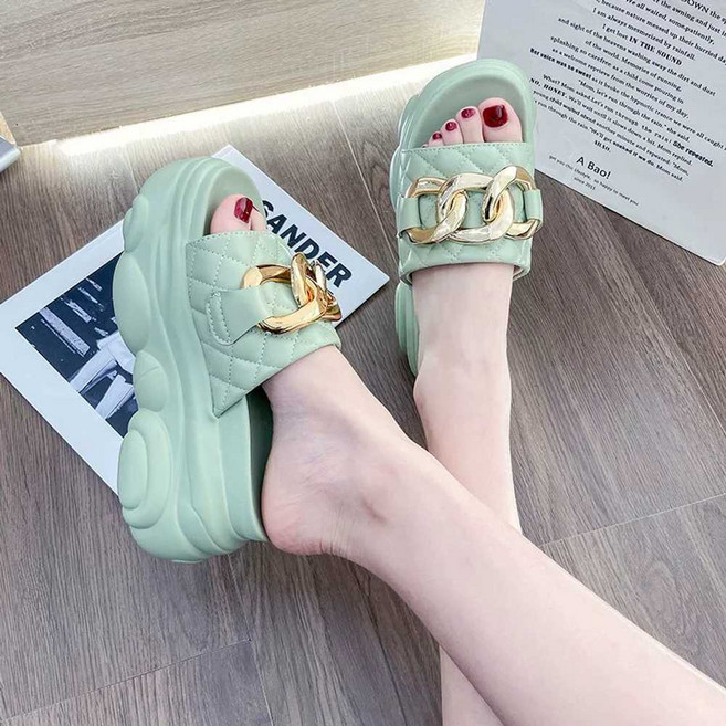 통굽슬리퍼 8cm굽 여성키높이슬리퍼 골드체인