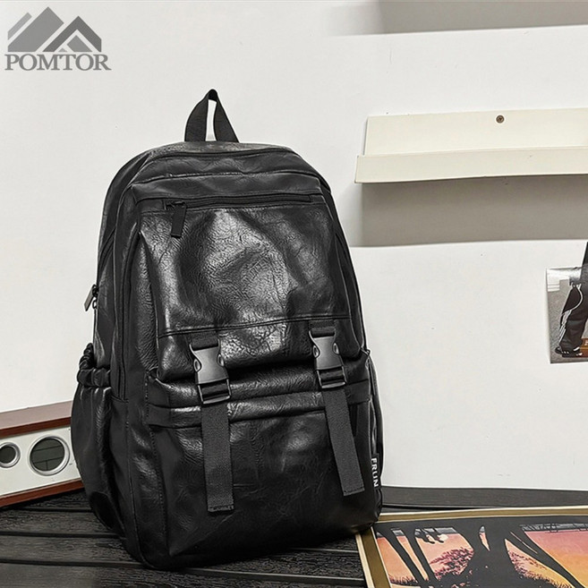 POMTOR 남녀공용 데일리 캐주얼 여행용 대용량 가죽 크로스백팩 노트북 백팩