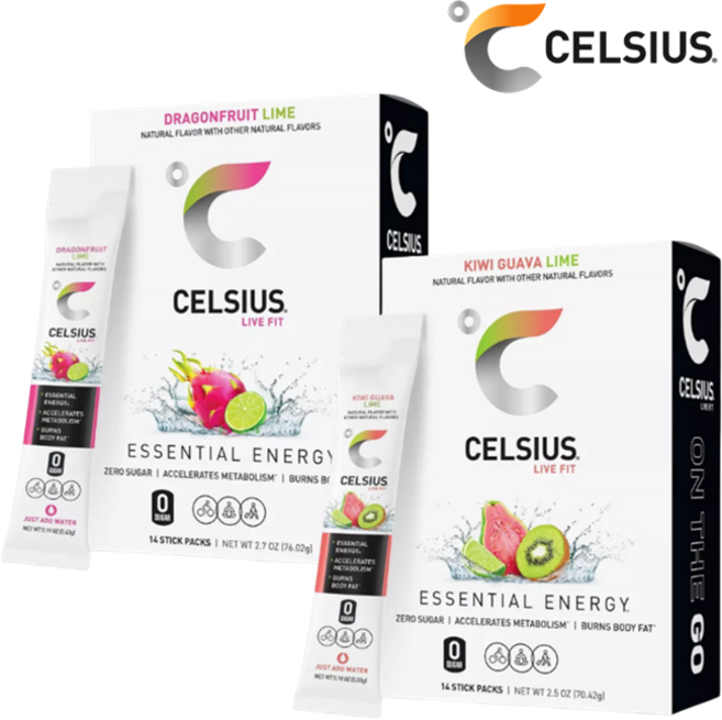 [CELSIUS] [1+1] 셀시어스 히트 워터 제로슈가 드래곤프루트 라임 맛 14개입 + 키위 구아바 라임 맛 14개입 운동 에너지 드링크 파우더 Energy Drink Mix
