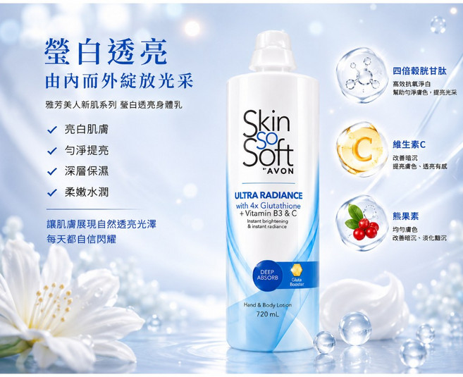 AVON Skin So Soft 瑩白透亮身體乳 720mL, 1個