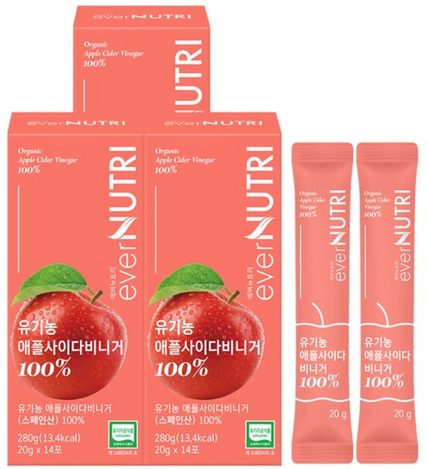 에버뉴트리 스페인산 유기농 애사비 100% 애플사이다비니거, 3개, 280g