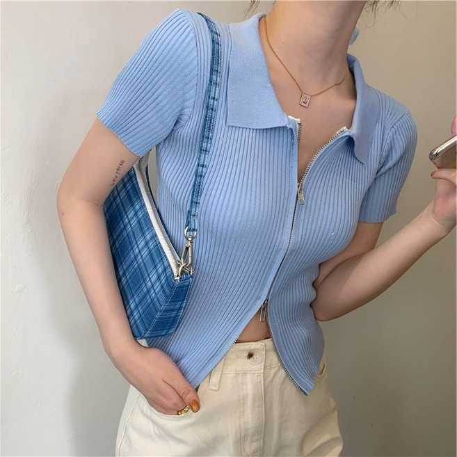 歐美復古翻領拉鏈針織衫 女 短袖冰絲收腰顯瘦辣妹上衣 2025春夏新款