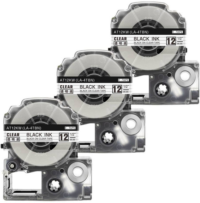 우리네라벨 엡손 라벨프린터 테이프 12mm 3개 세트 리라쿠마 라벨기 프린터기 호환 LW-K200BL LW-K200PK LW-C410 LW-C610 LW-K200BK, 투명바탕검정글씨 3개