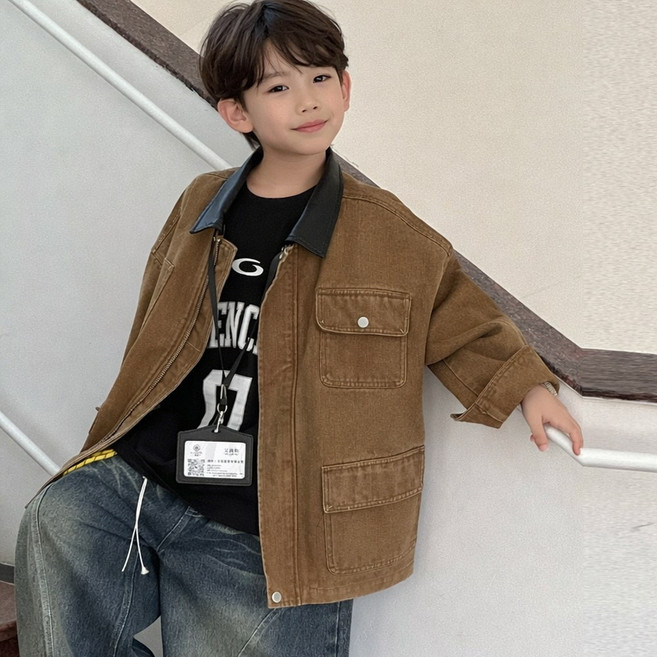 지디오 주니어 남아 봄 자켓 빈티지 워싱 집업 트러커 빅포켓 레더 카라 간절기 아우터