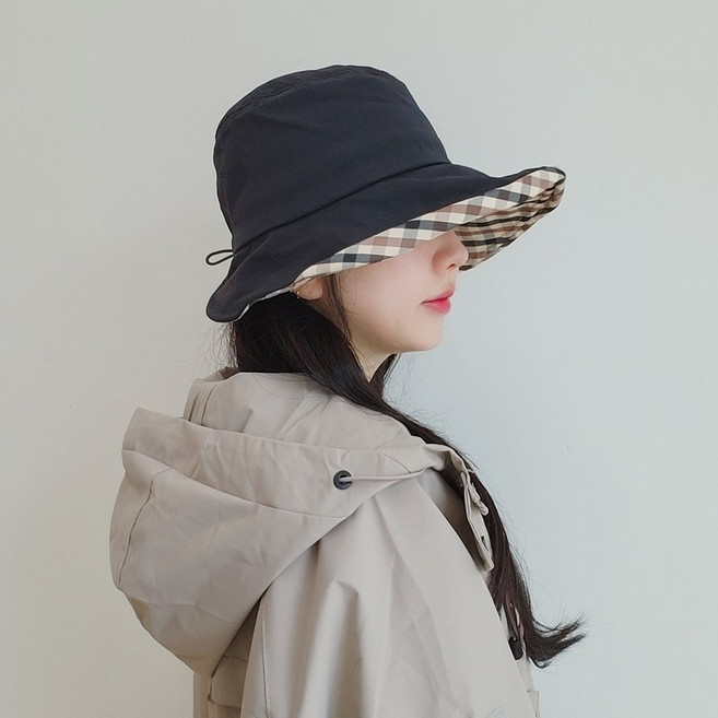 느와드코코 체크 배색 스트링 끈 조절 캐주얼 버킷햇 모자