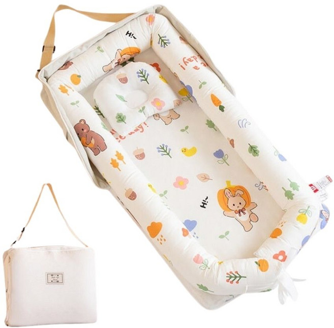 伊淶溫背包款嬰兒床中床：內外可拆洗防壓、子宮仿生, 南瓜小兔(床+枕), 南瓜小兔