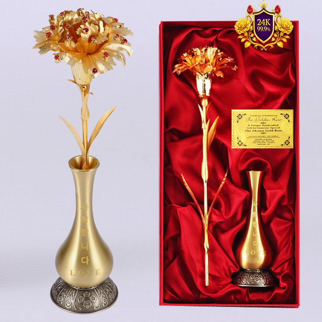 금 카네이션 장미 24k 골드 금카네이션 레드 보석 금카네이션 황동화병 set 꽃 금카네이션꽃set 어버이날 스승의날 부모님 결혼기념일 선물 생신 생일 축하 선물, 1개, 꽃무늬조각 LOVE 황동화병