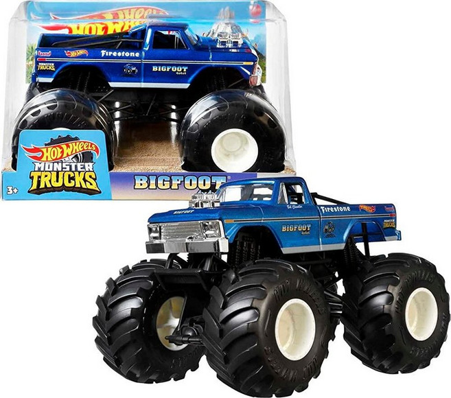 Hot Wheels Toy Monster Trucks 1:24 스케일의 오버사이즈 다이캐스트 본 셰이커 어린이 및 수집가를 위한 놀이 차량, 빅풋