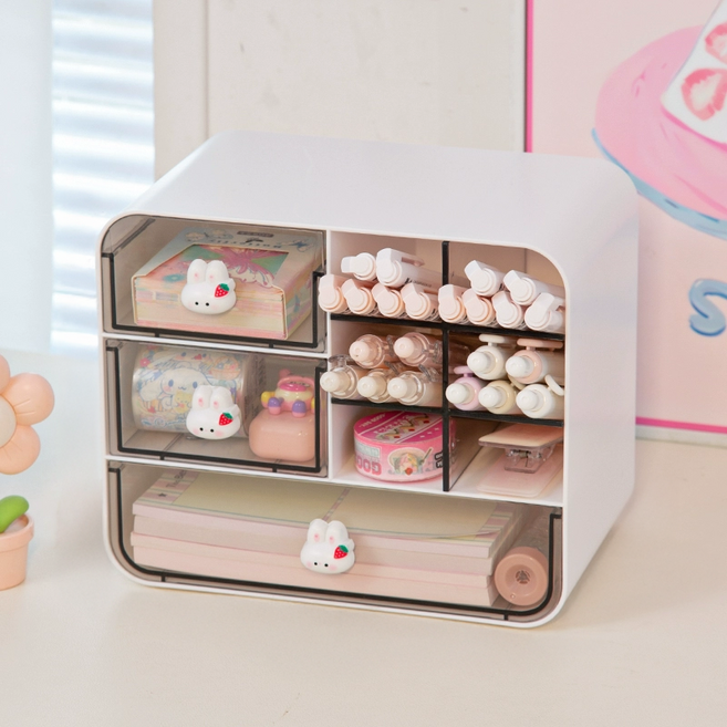 [YOUNG] 토끼 꿀꿀이 캐릭터 손잡이 수납함 펜수납 데스크 수납함 3서랍 오거나이저, 1개, 딸기 토끼