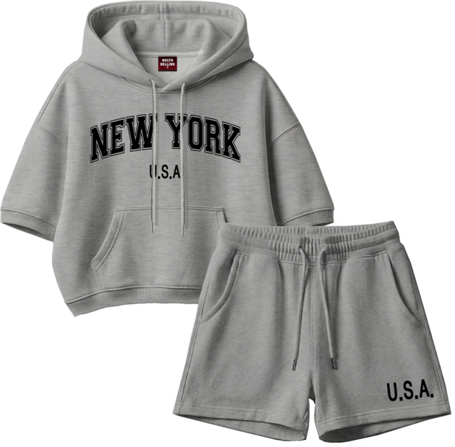 몰토벨리노 뉴욕USA 오버핏 세미크롭 반팔 후드티+ 반바지 상하세트-리미티드에디션