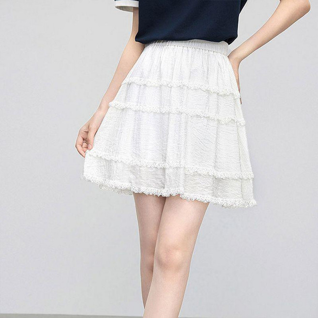 白色蛋糕裙層次感蕾絲蓬蓬短裙女夏季