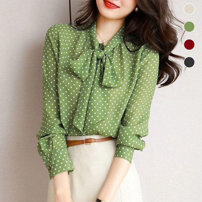 에쥬아 여성 네크라인 리본 블라우스 루즈핏 봄 가을 도트 쉬폰 남방