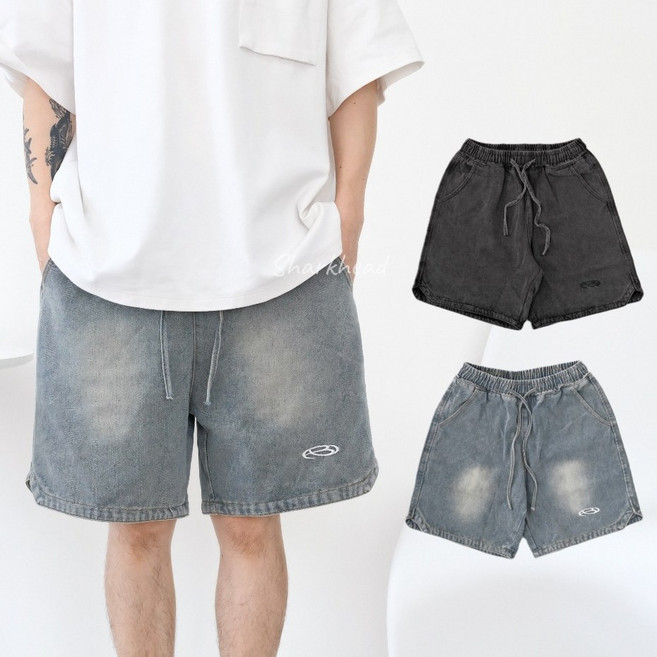 Sharkhead 牛仔短褲 水洗刷舊刺繡 鬆緊帶丹寧五分褲
