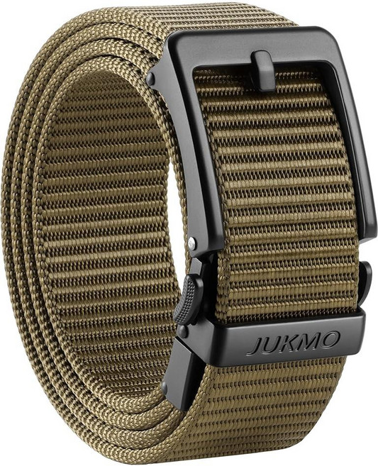 JUKMO 남성용 3.8cm(1.5인치) 래칫 벨트 - 구멍 없는 조절 가능한 핀 룩 버클 청바지 및 치노용 | 트림 투 핏 나일론 웨빙 커피. 271115