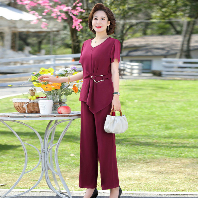 중년 여성 여름 쉬폰 세트 꽃 자수 편안한 긴바지 세트 플로럴 패턴 반팔 세트 JS