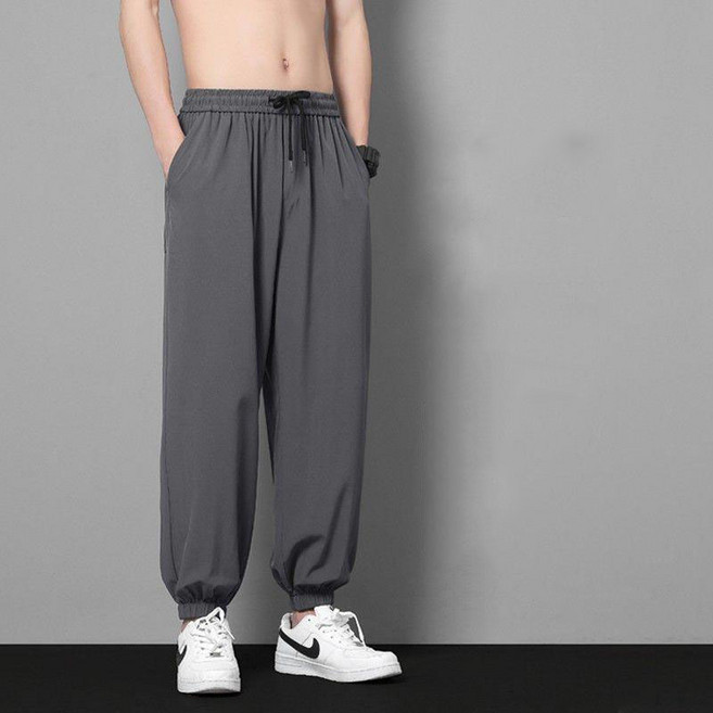 MAKABORO 남성 조거 팬츠 여름 얇은 아이스 일자 캐주얼 슬랙스 허리 스트링 9부 바지