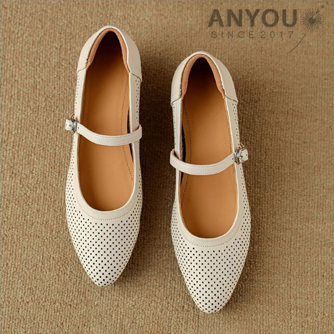ANYOU 여성 통풍 메리제인 슈즈 가죽 소재 저힐 편안한 데일리 신발